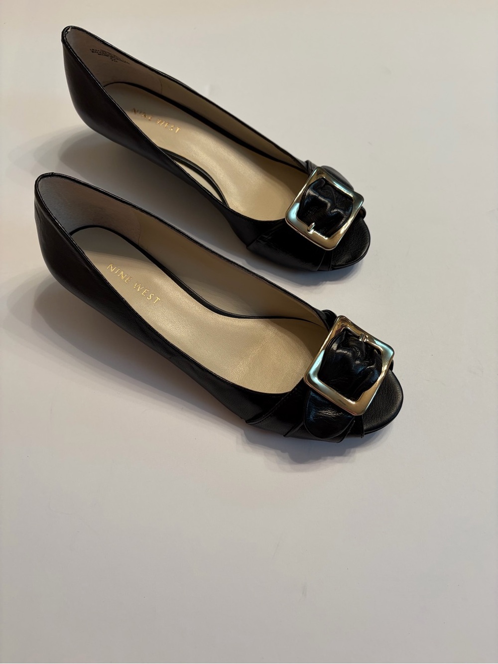Nine West Black Leather Peep-Toe Flats with gold Buckle Accent
